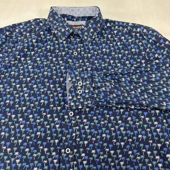 Johnston & Murphy Other - Johnston‎ & Murphy Shirt Mens Medium Blue Palm Tree AOP Print Button Up Tropical